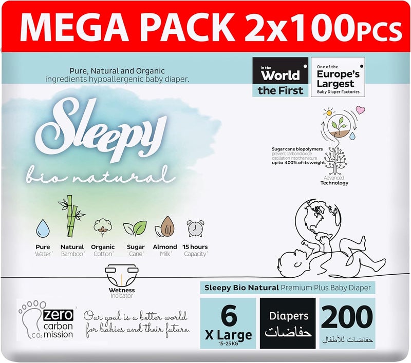 Sleepy Bio Natural Premium Size 6 Diapers | 200 Count | Hypoallergenic Baby Diapers | 15-25Kg | Vegan | 100% Leakproof - Image 1
